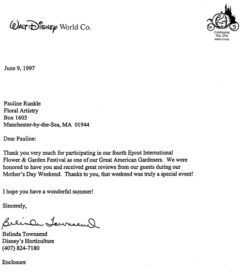 Letter of thanks from Walt Disney World