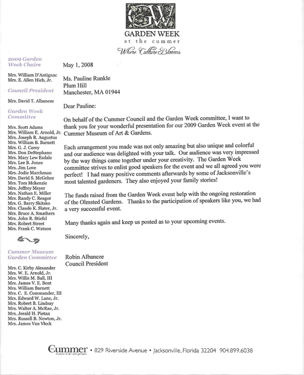 Letter of thanks from the Cummer Council