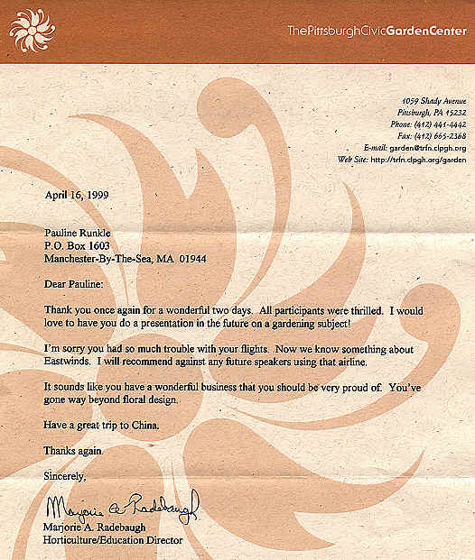 Letter of thanks from the Pittsburgh Civic Garden Center Letter