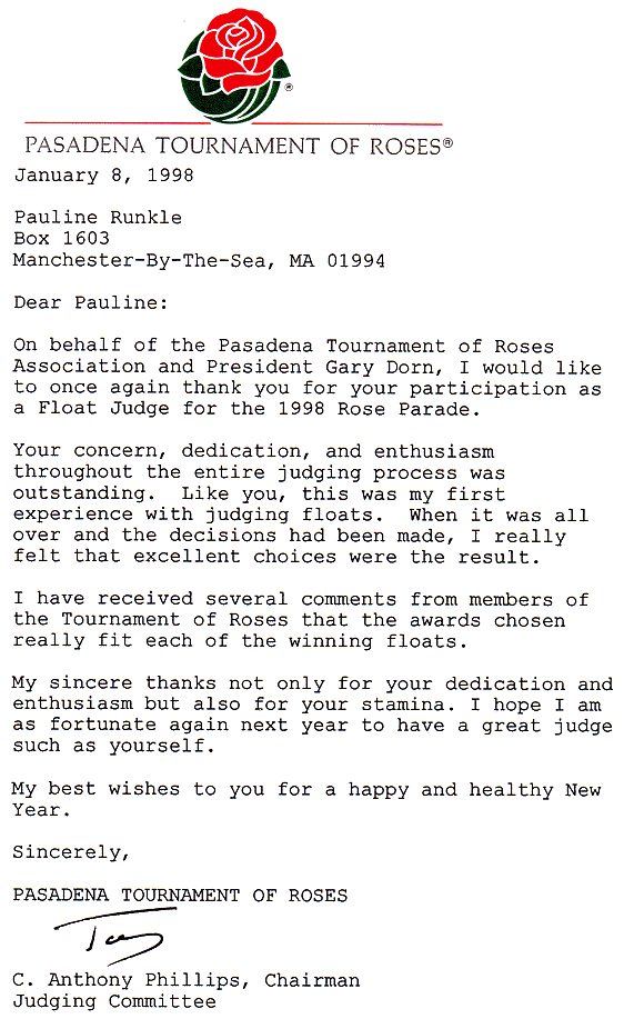 Pasadena Rosebowl Letter of thanks